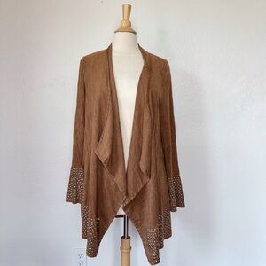 Western Faux Suede Brown Embellished Open Front Cardigan Jacket